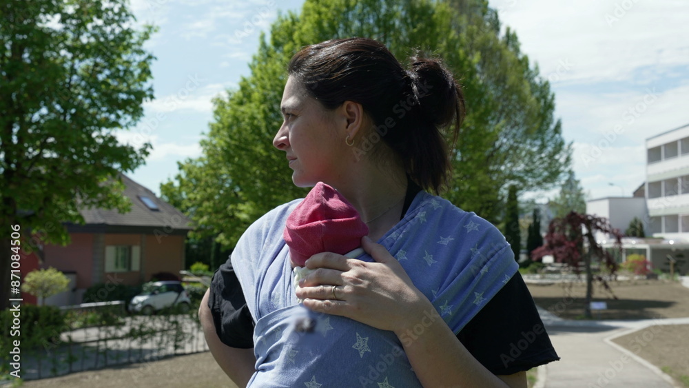 Fototapeta premium Mother holding her newborn in a blue baby wrap, standing in a suburban area with green trees and houses in the background, expressing love, care, and the bond between parent and child