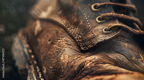 A close up of a dirty shoe with a brown sole