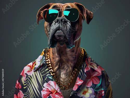 Boxer dog enjoying a day at the beach Photorealistic, miami vice style, Boxer dog, sunglasses, floral shirt, gold chain