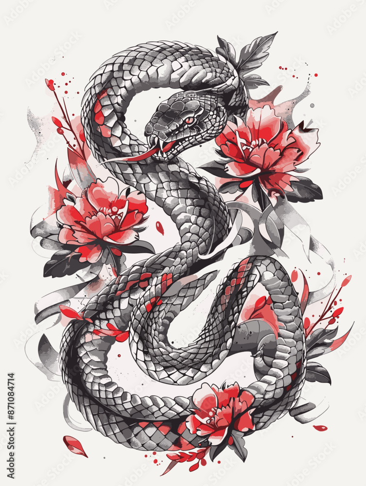 Obraz premium A snake with red flowers on its tail. The snake is black and gray