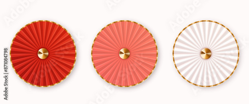 Realistic 3D detailed different Asian or Chinese style red, white and pink fan collection. Isolated on white background