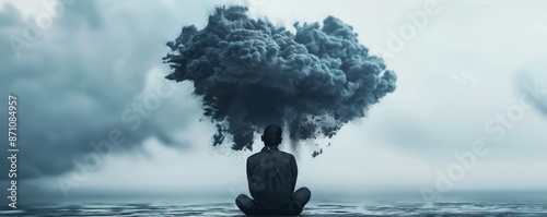 A surreal image of a person sitting at the edge of a body of water with a dark cloud hovering over their head, symbolizing a stormy mind. photo