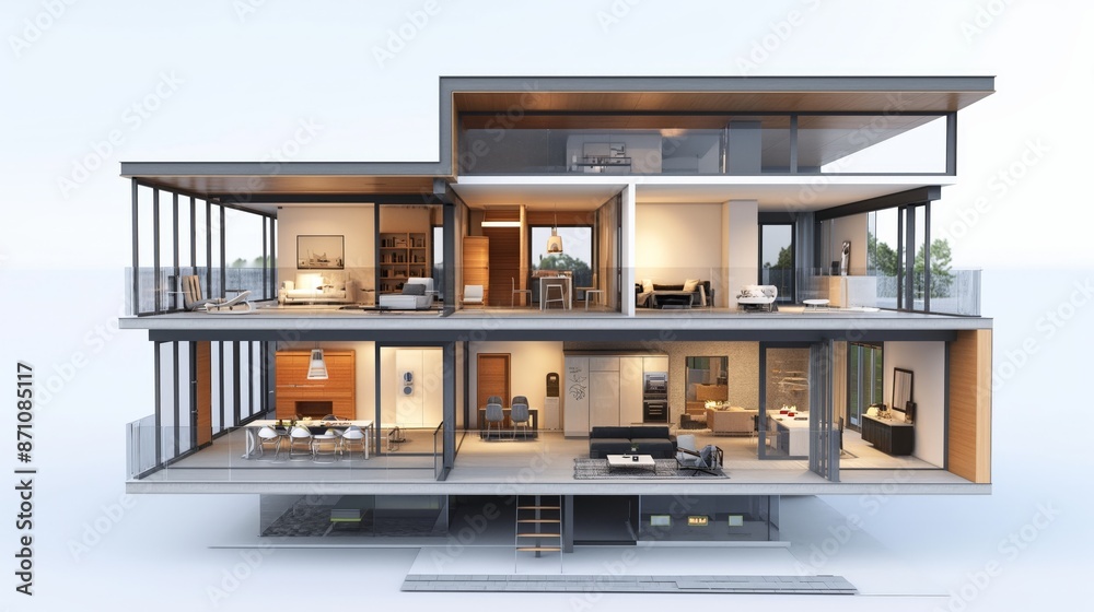 Modern three-story house with glass walls, open floor layout, and contemporary interiors, showcasing sleek design and spacious living areas. Modern three-story house with glass walls, open floor layout, and contemporary interiors, showcasing sleek design and spacious living areas.