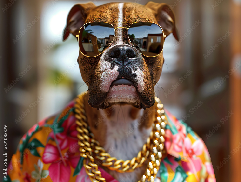 Boxer dog enjoying a day at the beach Photorealistic, miami vice style, Boxer dog, sunglasses, floral shirt, gold chain Boxer dog enjoying a day at the beach Photorealistic, miami vice style, Boxer dog, sunglasses, floral shirt, gold chain