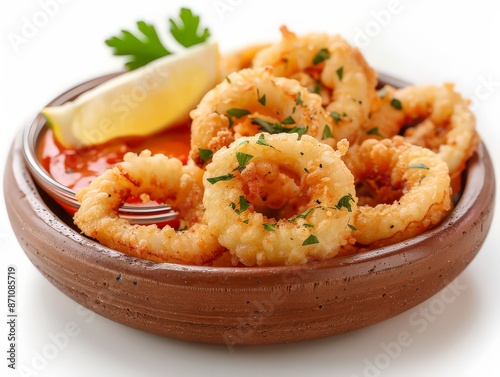 Crispy fried calamari rings and tentacles served with marinara sauce and lemon wedges, highlighting their crunchy texture and seafood flavor.