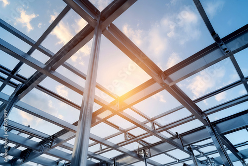 Steel framework structure of a building under construction with a bright sky and sun flare in the background  showcasing modern architecture.