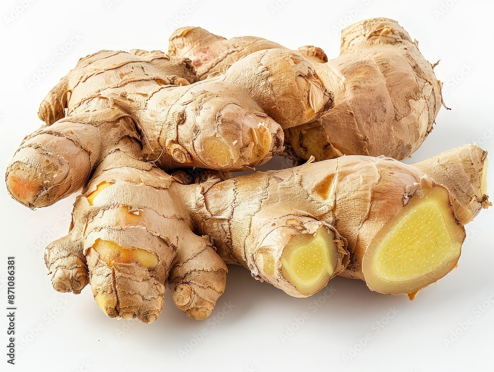 Fototapeta premium Fresh raw ginger root, positioned on a white surface to emphasize its use in adding spice and health benefits to recipes.