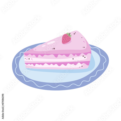 A slice of delicious strawberry cake on a plate. Vector illustration.