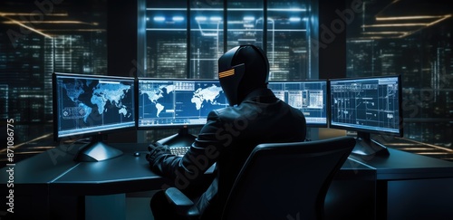 Hacker in dark office with computer monitors and city view 3D rendering