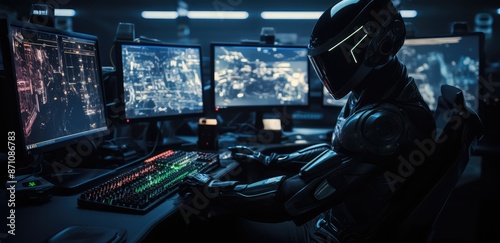 Cyborg in dark room with a lot of monitors and screens.