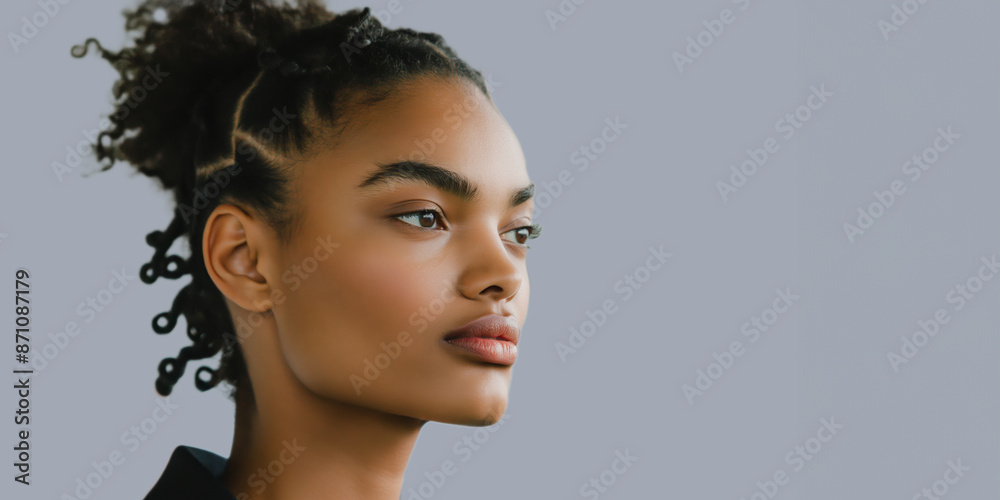 Side profile of a woman with curly hair and clear skin against a simple background. Side profile of a woman with curly hair and clear skin against a simple background.