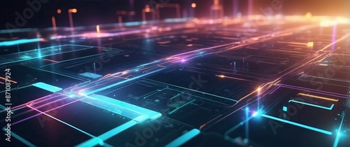 Futuristic  glowing circuit illustration conveying technology  innovation  and digital networks. Ideal for tech concepts  cyber themes  and modern design.