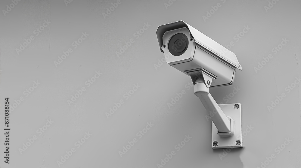 Wall-mounted security camera, captured in monochrome, representing surveillance and safety measures in modern settings. Wall-mounted security camera, captured in monochrome, representing surveillance and safety measures in modern settings.