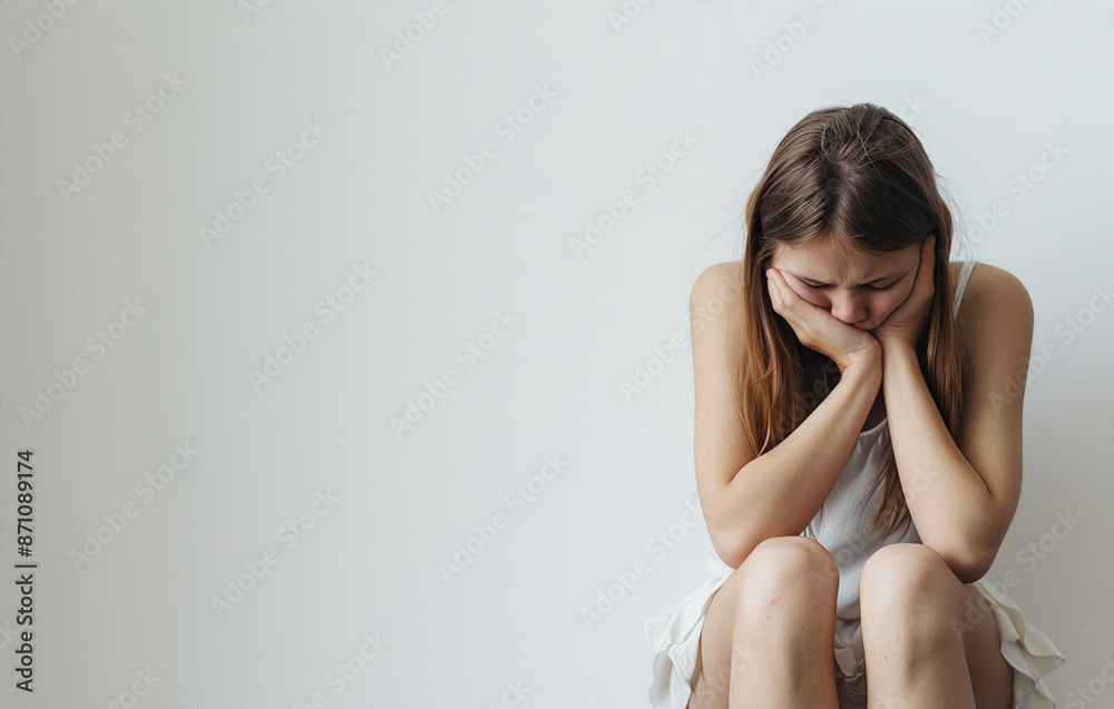 Young woman sitting on the floor feeling sad and discouraged, isolated in a white room. Young woman sitting on the floor feeling sad and discouraged, isolated in a white room.