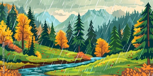 rain in the pine forest, forest background