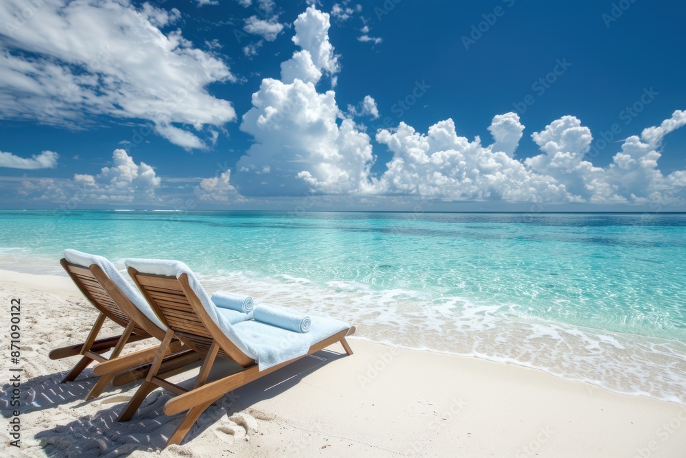 two beach chairs with towels on them, overlooking the white sandy beaches and turquoise waters in The Maldives, under clear blue skies Generative AI two beach chairs with towels on them, overlooking the white sandy beaches and turquoise waters in The Maldives, under clear blue skies Generative AI