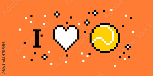 I love tennis. Love sport pixel art 8 bit design for tennis fans. Sport banner concept. Tennis motivation sign. Pixels Y2k trendy playful sticker. Mood of 90's aesthetics. Simple geometric form
