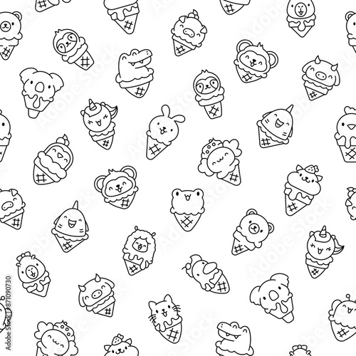 Cute animals with ice cream in waffle cone. Seamless pattern. Coloring Page. Cartoon funny food dessert. Hand drawn style. Vector drawing. Design ornaments.