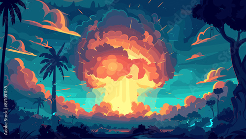 Nuclear Explosion Tropical Island Cartoon Game Background Apocalypse Disaster Mushroom Cloud Blast Radioactive Fallout Island Destruction Cartoon Style Illustration