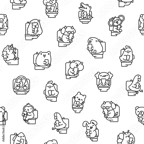 Cute animal pooping on toilet with phone. Seamless pattern. Coloring Page. Funny cartoon characters. Hand drawn style. Vector drawing. Design ornaments.