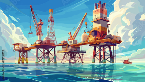 Oil Rigs Cartoon Background Offshore Industry Platform Exploration Production Drilling Petroleum Sea Sky Horizon Game Level Illustration