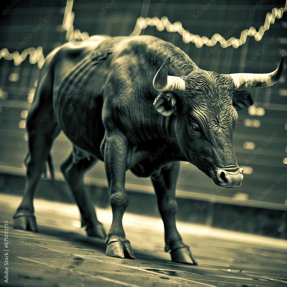Fototapeta premium The bull and chart for business or bull market trader concept. Economic or finance crisis and stock market. High quality AI generated image