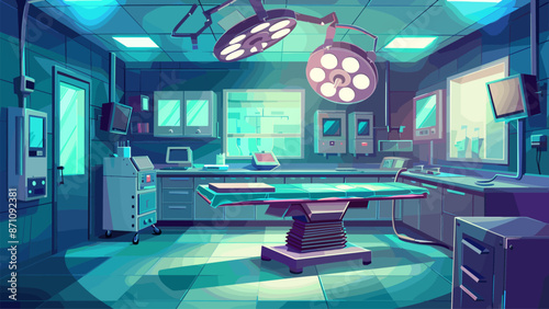 Operating Theatre Interior Cartoon Game Background Hospital Surgery Room Medical Equipment Healthcare Illustration Surgeon Scrubs Surgical Instruments Bright Lights Operating Table