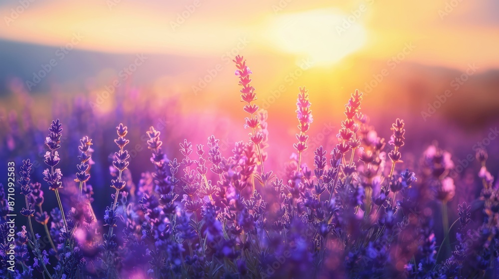 A mesmerizing field of blooming lavender flowers bathed in the warm, golden light of sunset, creating a serene and picturesque landscape. A mesmerizing field of blooming lavender flowers bathed in the warm, golden light of sunset, creating a serene and picturesque landscape.
