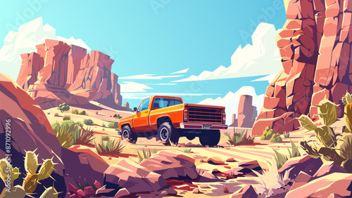 Pickup Truck Driving Through a Canyon in the Mountains Cartoon Game Background Off-Road Adventure Wilderness Exploration Rocky Terrain Desert Landscape Nature Scenery Illustration