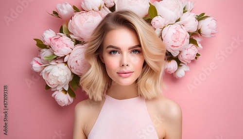 portrait of a young woman with pink flowers (Breast Cancer Awareness Month goes Global) on pink background.