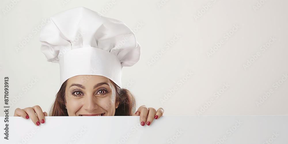 Smiling woman cook peeking over a white edge, neutral background. Smiling woman cook peeking over a white edge, neutral background.