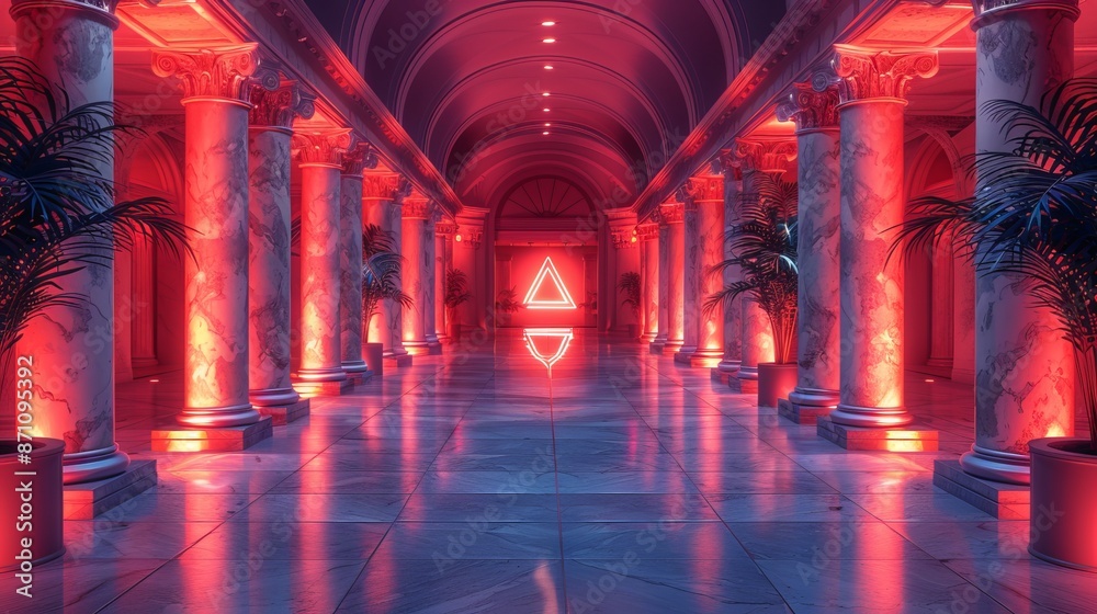 Red Neon Lights In A Classic Hallway Red Neon Lights In A Classic Hallway