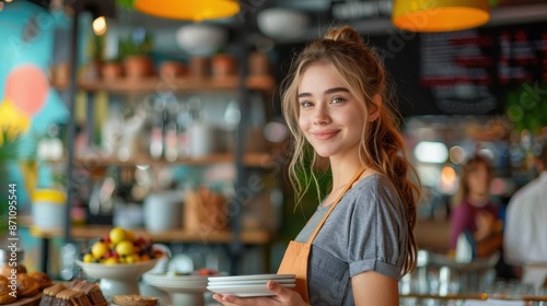 A young waitress is seen holding clean plates while smiling warmly in a cozy café setting with various food items and stylish decor in the background.
