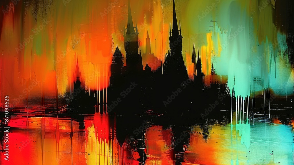  An abstract illustration of a magical castle, distant view, glitchy textures and colors, the background is a gradient of dark purple to light pink,