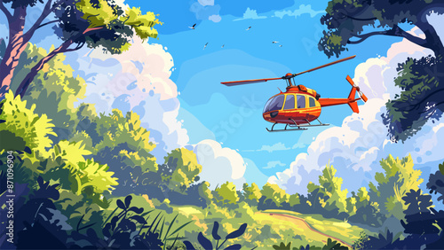 Rescue Helicopter Flying Over the Forest Cartoon Game Background Emergency Response Chopper Aircraft Wilderness Adventure Trees Nature Search and Rescue Mission Survival