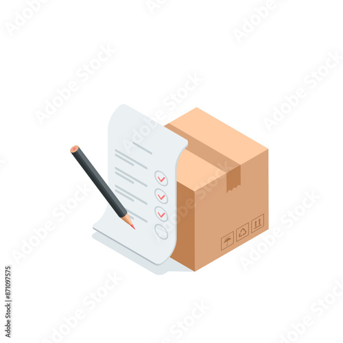 isometric vector sheet of paper with check marks and pencil near the box, in color on a white background, receiving a parcel or delivering it to your home
