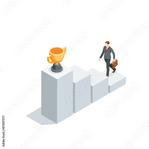 isometric vector business man climb the steps of the chart to the trophy cup standing at the top, in color on a white background, challenge or steps to success