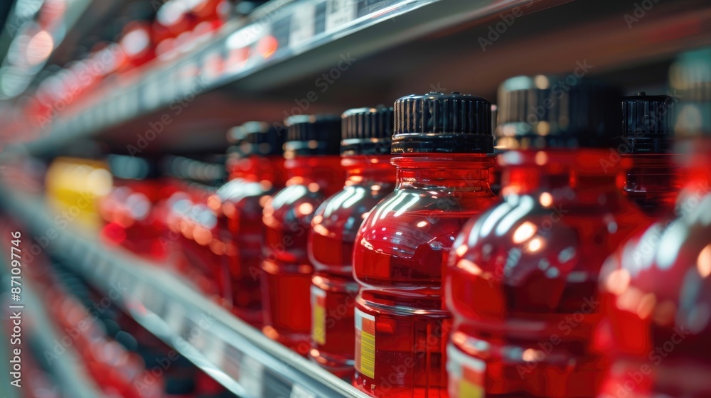 Red plastic liquid containers with black lids displayed on a store shelf Environmental awareness theme Focused view