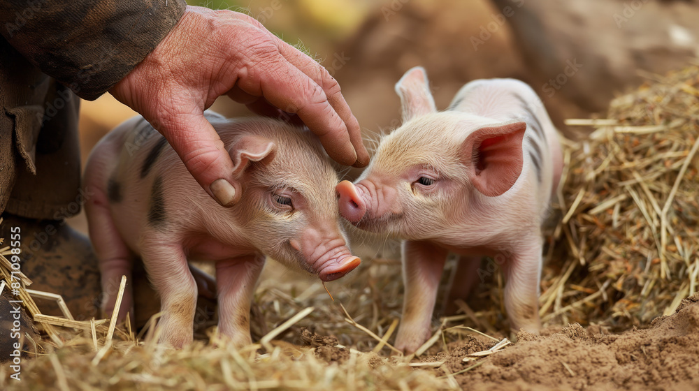 Farmer's hands gently petting two affectionate piglets on the hay-covered ground of the pen. Farmer's hands gently petting two affectionate piglets on the hay-covered ground of the pen.