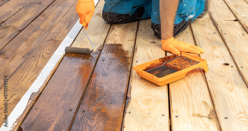 Wallpaper Mural A close-up shot of a person staining a wooden deck. They are using a paint roller to apply a dark brown stain to the weathered wood. Torontodigital.ca