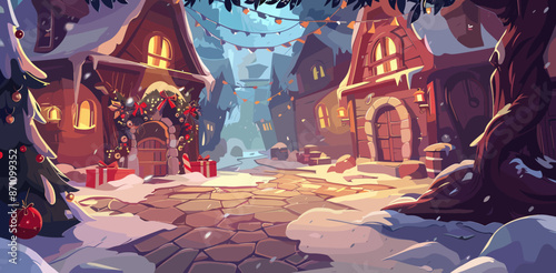 Santas Village On Christmas Eve Cartoon Game Background Festive Winter Snowy North Pole Holiday Elves Reindeer Cozy Lights Toys Workshop Magic Illustration