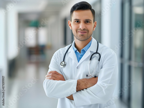 male or female doctor portrait, Healthcare, medical staff concept. Portrait of smiling male or female doctor posing with folded arms plain background, Professional general practitioner.