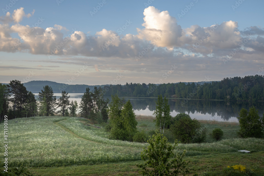 Fototapeta premium A beautiful lake surrounded by trees and a cloudy sky