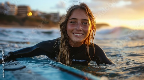A young woman in a wetsuit smiles on her surfboard in the ocean during sunset, with gentle waves and visible shoreline in the background.