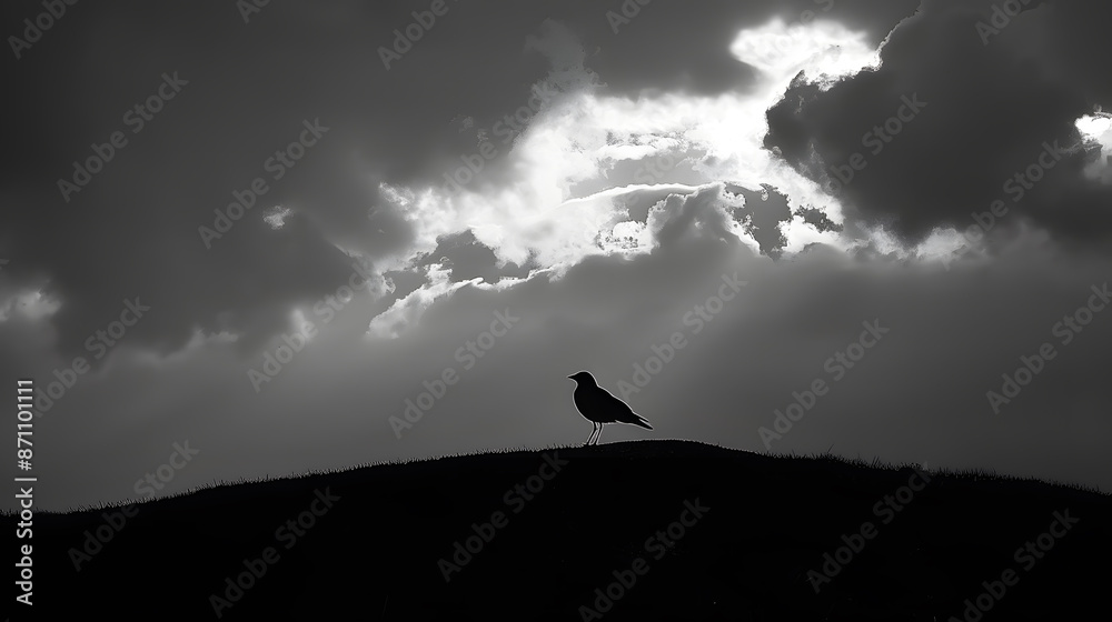 A bird is standing on a rocky hillside in the middle of a cloudy day A bird is standing on a rocky hillside in the middle of a cloudy day