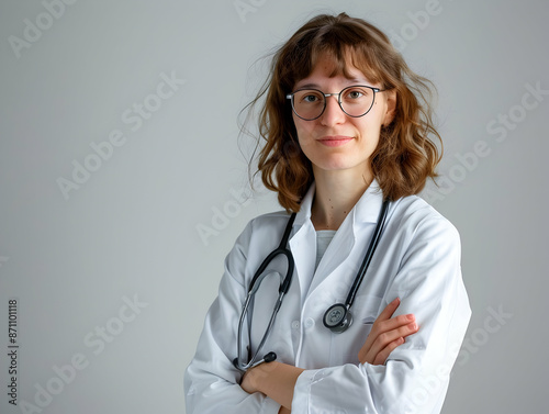 male or female doctor portrait, Healthcare, medical staff concept. Portrait of smiling male or female doctor posing with folded arms plain background, Professional general practitioner.