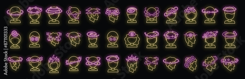 Dizziness icons set outline vector. Brain headache. Face dead neon color on black