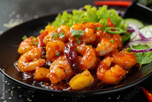 Asian Chinese food with sweet and sour sauce fried seafood