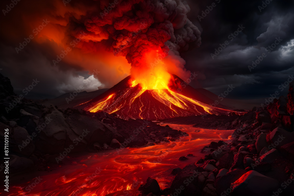 An erupting volcano with fiery red and orange lava flowing down its slopes. The background features dark ash clouds against a stormy sky An erupting volcano with fiery red and orange lava flowing down its slopes. The background features dark ash clouds against a stormy sky