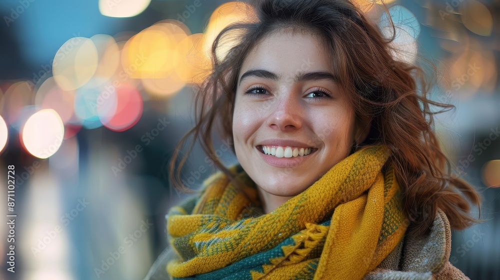 A joyful young woman wearing a knitted scarf, smiling broadly as she enjoys the city's vibrant ambiance during winter, capturing youthful spirit and happiness. A joyful young woman wearing a knitted scarf, smiling broadly as she enjoys the city's vibrant ambiance during winter, capturing youthful spirit and happiness.